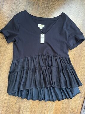 Maeve Black Short-Sleeve Tiered Peplum Top